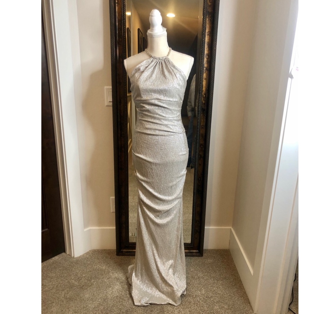 Xscape Gold long gown with decorative chain collar & rouching